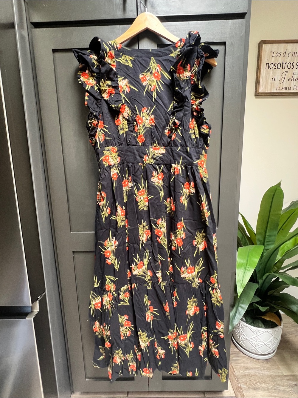 Chelsea28 Black Dress with Red Floral Detail